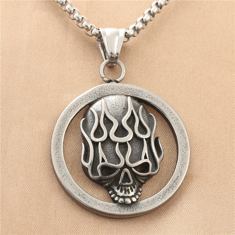 Personalized Retro Punk Skull Pendant Necklace for Men - Titanium Steel Flame Design