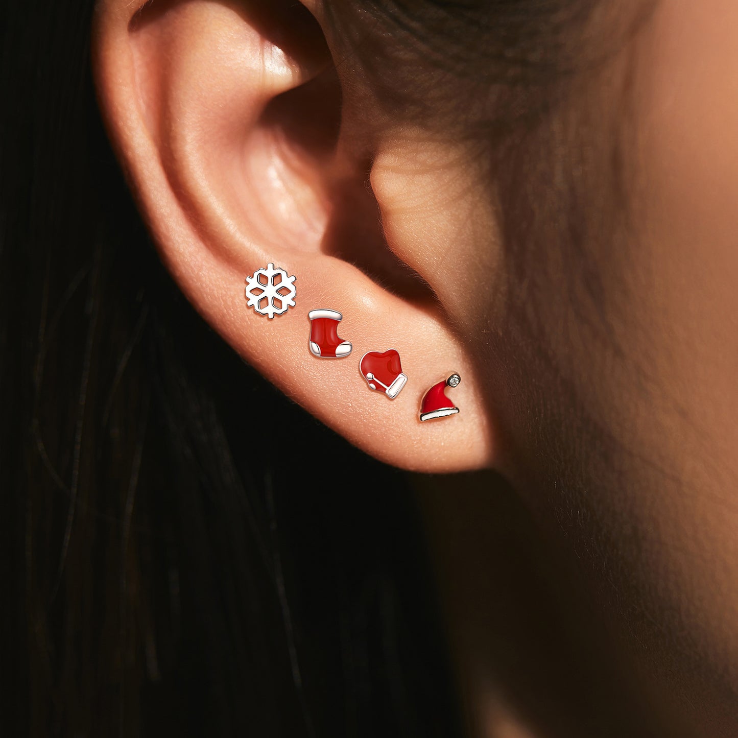 Planderful Everyday Genie Christmas Hat Snowflake Stud Earrings Set – Sterling Silver Elegance