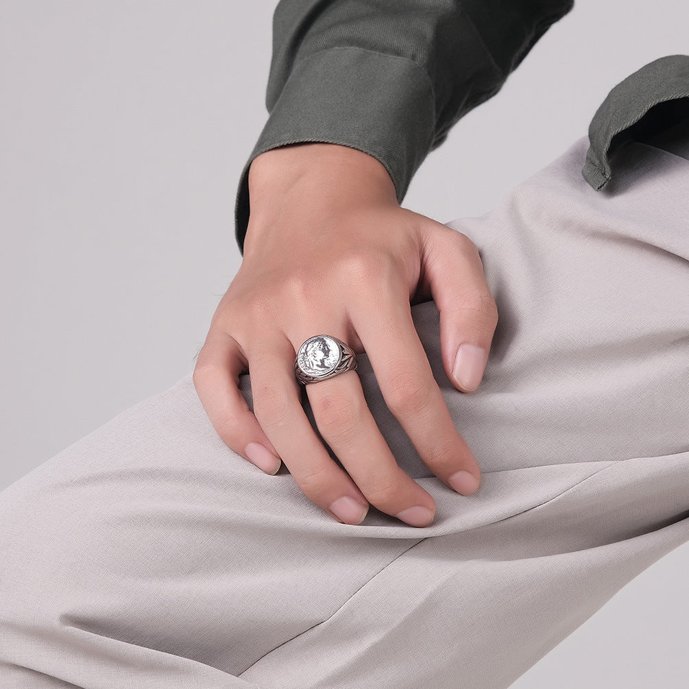 European And American Style Roman Empire Julius Caesar Stainless Steel Ring, Retro Coin Caesar Head Hipster Jewelry For Men
