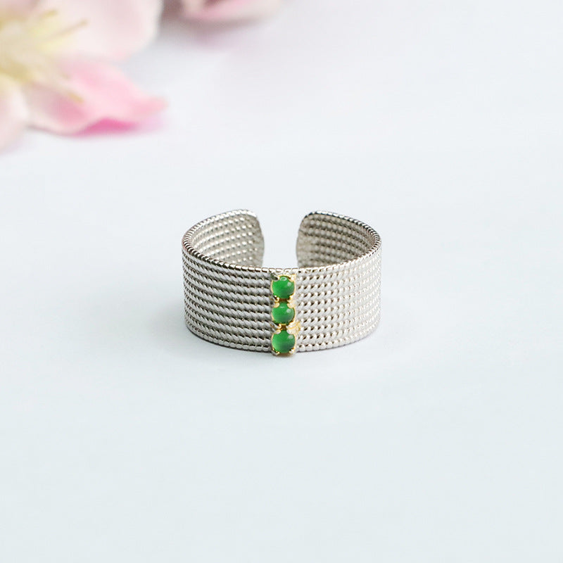 Imperial Green Jade Sterling Silver Wide Band Ring