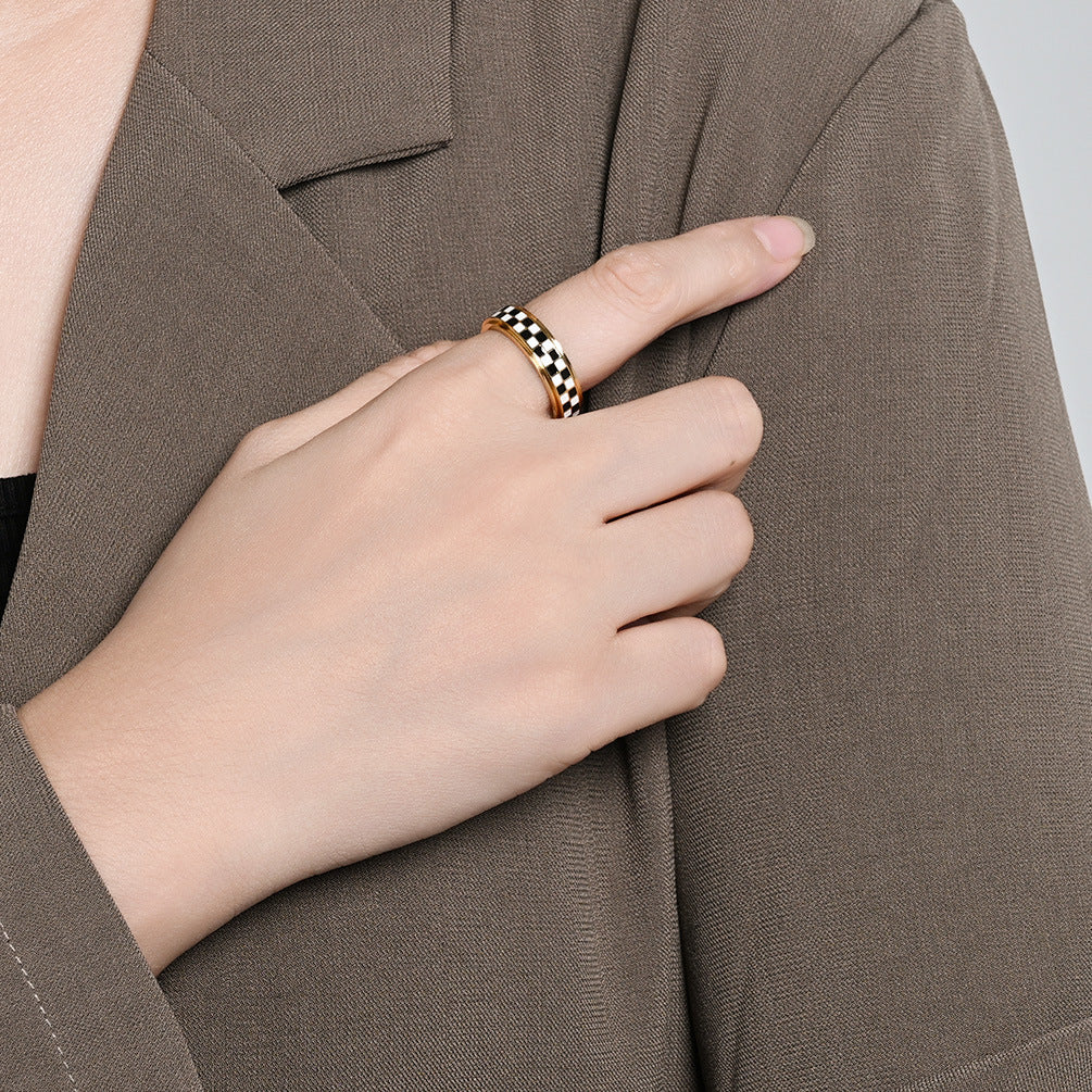 Planderful Rotating Plaid Ring For Women Black And White Niche Design High End Steel Jewelry