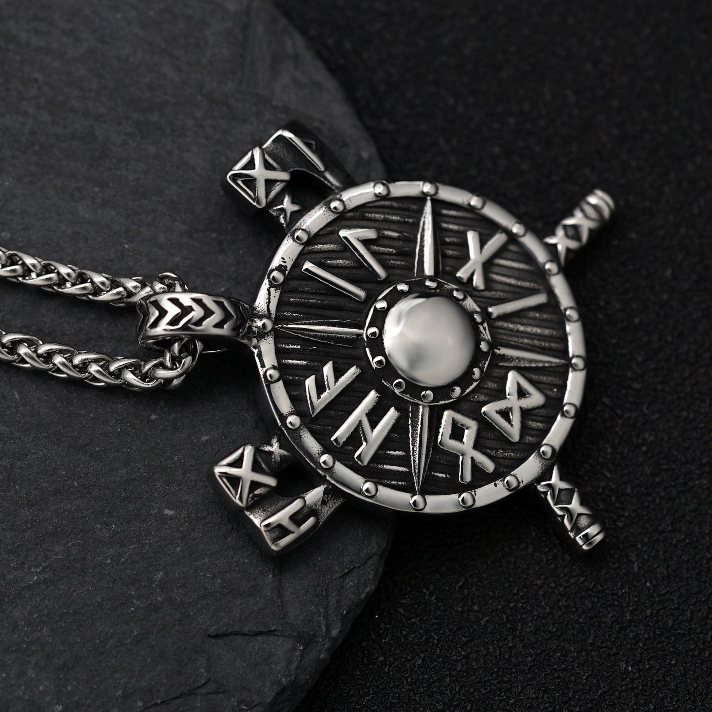 Steel Necklace - Vintage Viking Shield Pendant For Men By Planderful Everyday Genie Collection