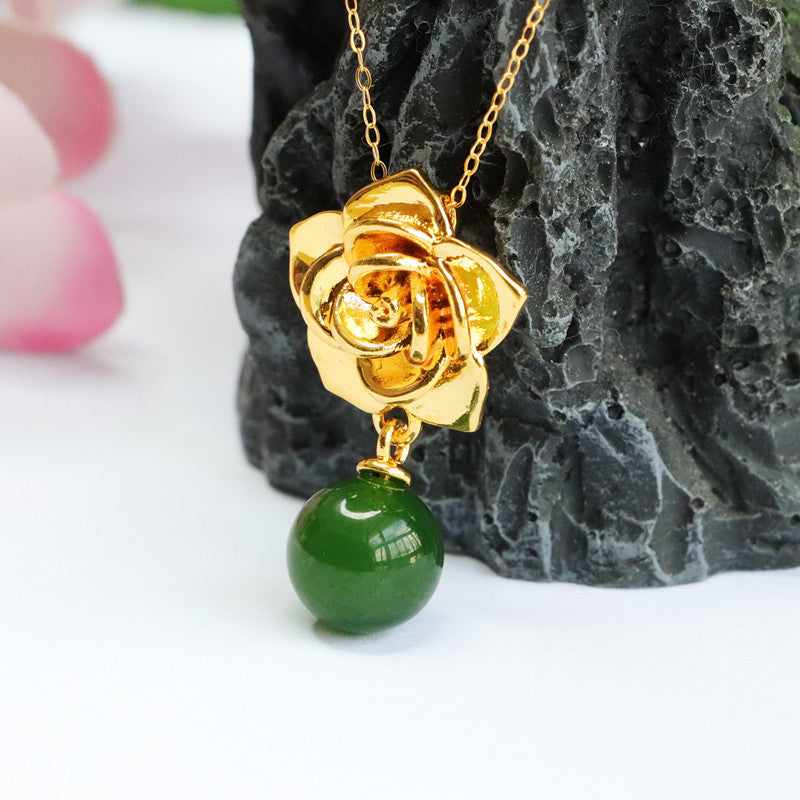 Hetian Jade and Jasper Rose Necklace with Sterling Silver Pendant