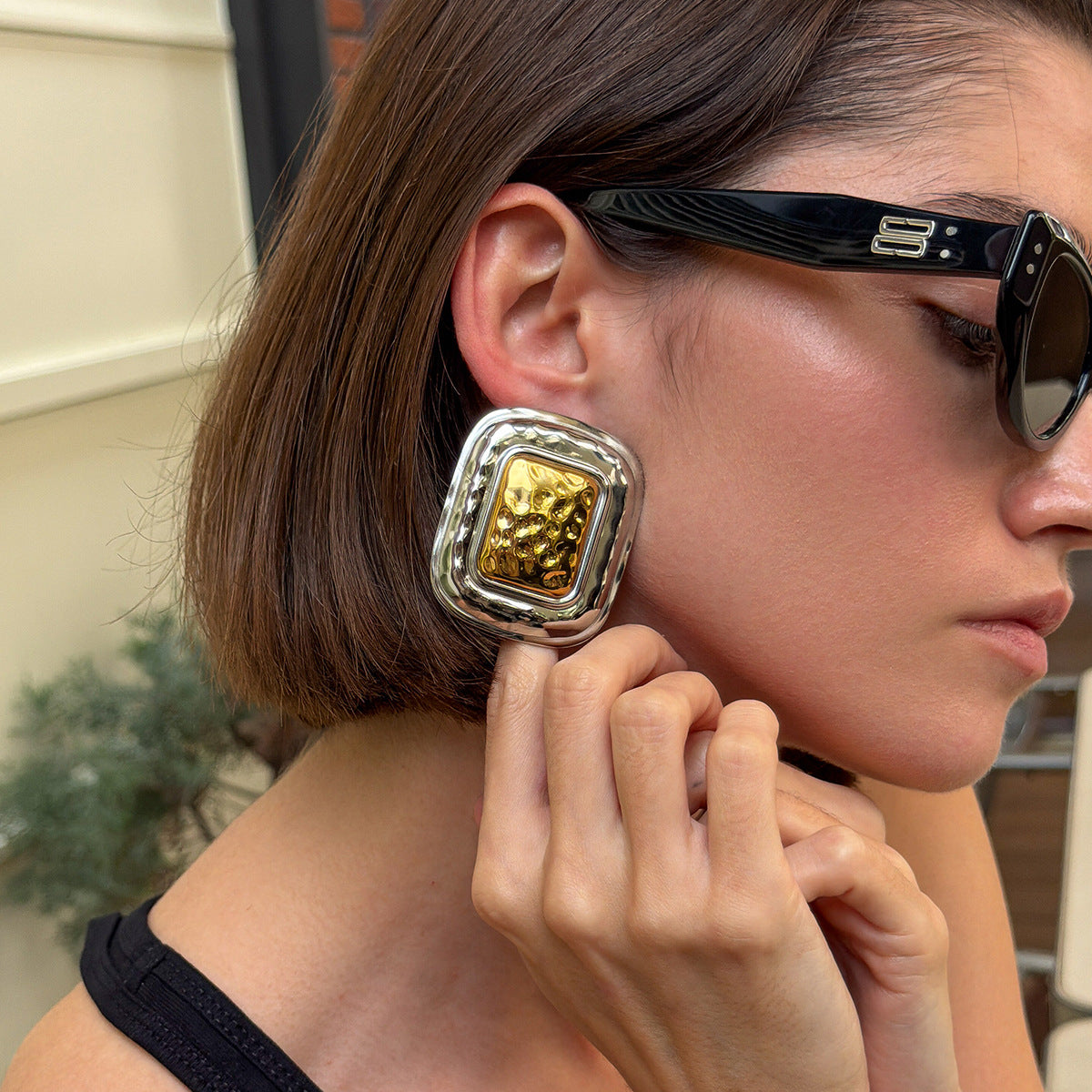 Planderful Vienna Verve Stainless Steel Earrings Hammered Textured Geometric Color Block for Bold Fashion Lovers