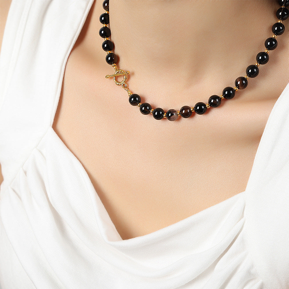 Elegant Black Agate Beaded Necklace with OT Buckle for Women