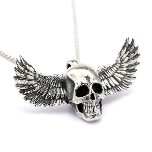 Planderful Unisex 3D Skull Wing Pendant Necklace in Retro Stainless Steel Everyday Genie Edition