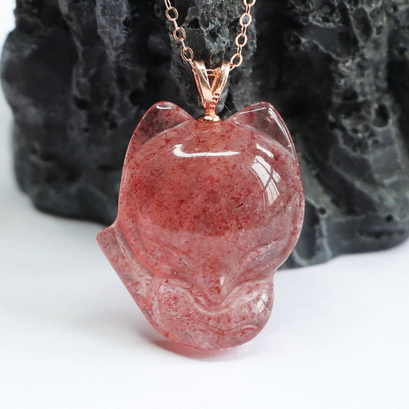 Strawberry Quartz Fox 925 Silver Pendant — No Chain