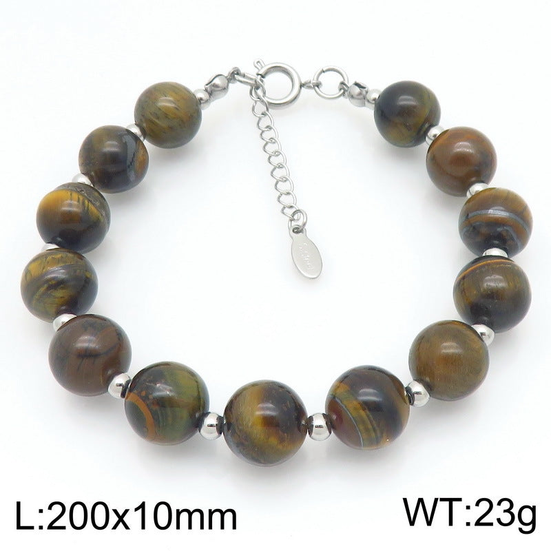 Bracelet – Tiger's Eye Stone Beaded Stainless Steel Round Beads With Extension Chain