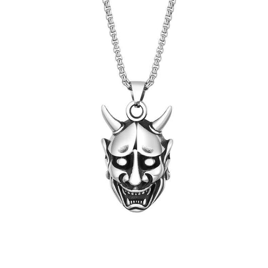 Steel Necklace - Vintage Ghost Samurai Mask Pendant For Men By Planderful Jewelry