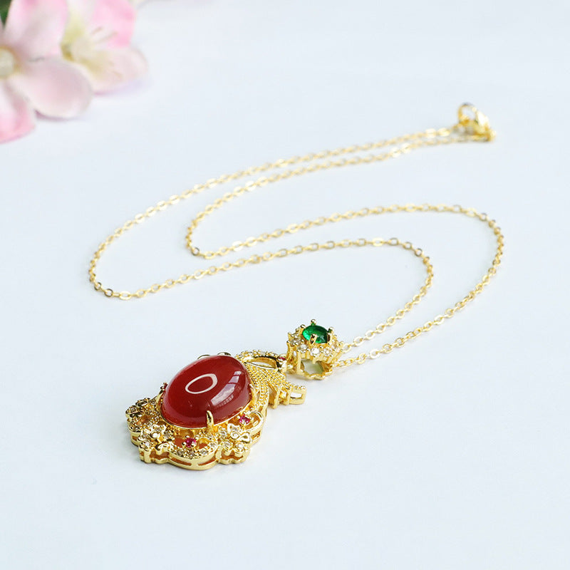 Oval Red Agate Phoenix Pendant Zircon Necklace