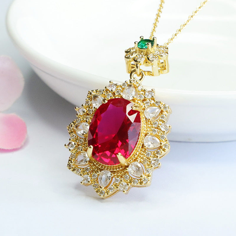 Lab-Grown Ruby Faceted Flower Pendant — No Chain