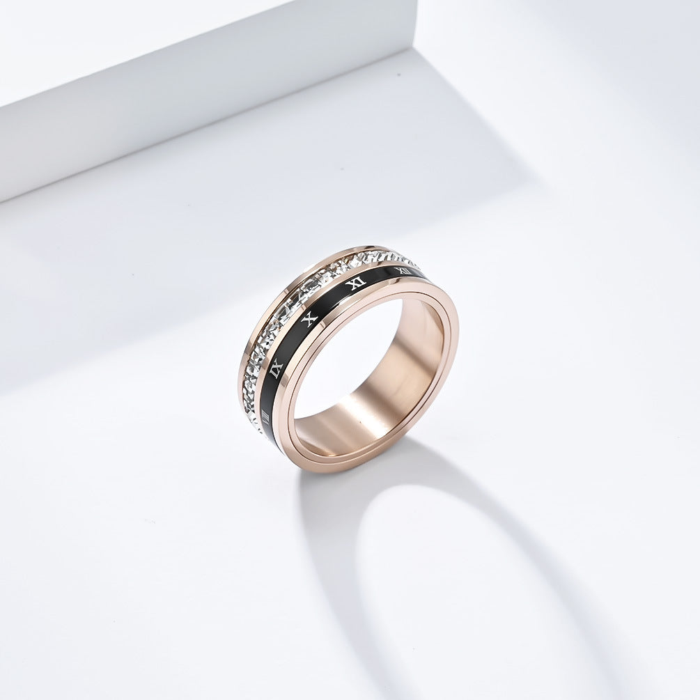 Light Luxury Full Square Zircon Roman Numerals Titanium Steel Ring