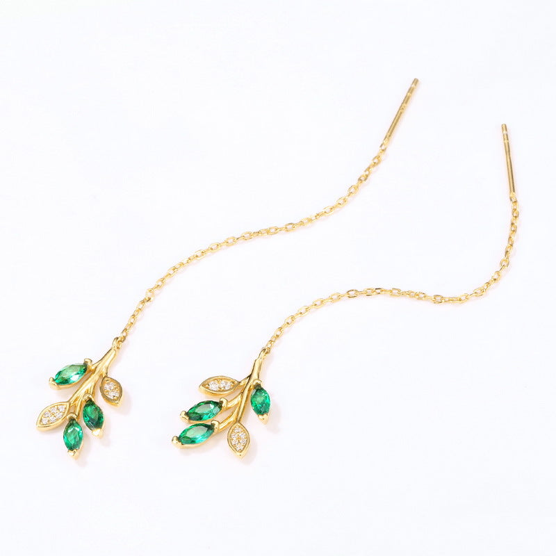 Green Zircon Olive Branch Leaf Pendant Sterling Silver Ear Line Earrings