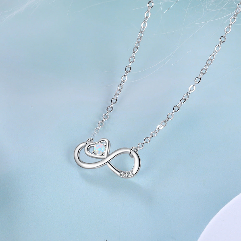 Infinite Symbol Heart Shape with Round Opal Zircon Sterling Silver Necklace