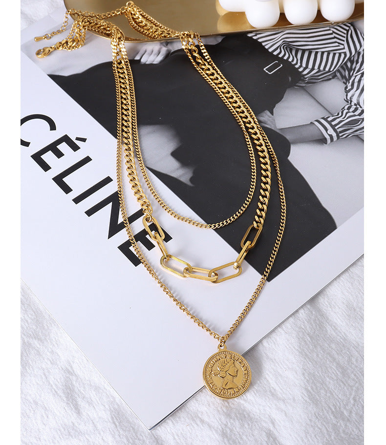 Hip-Hop Style Titanium Steel Collarbone Necklace with Double-Sided Pendant