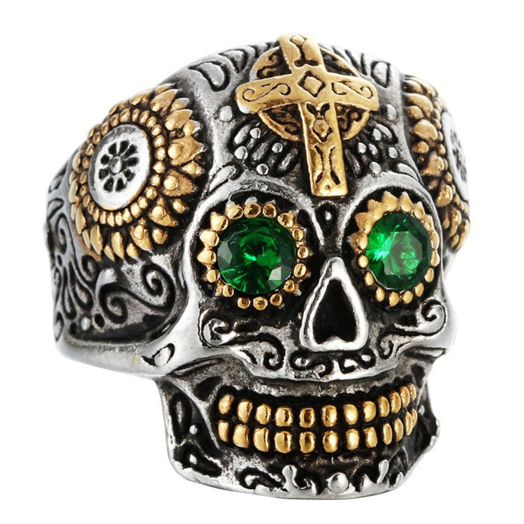 Planderful Skull Ring Titanium Steel Engraved Ghost Head Green Eye Unisex Protection For Men