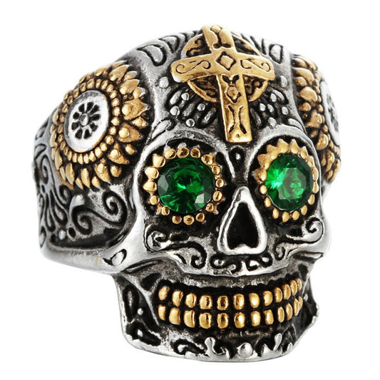 Planderful Skull Ring Titanium Steel Engraved Ghost Head Green Eye Unisex Protection For Men