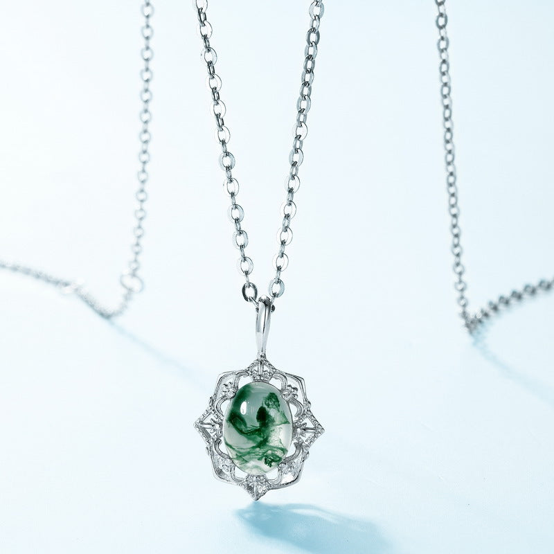 S925 Sterling Silver Moss Agate Pendant Necklace