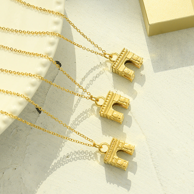 Luxurious Gold Plated Arc de Triomphe Necklace - Elegant Minimalist Collar Chain for Women's Jewelry