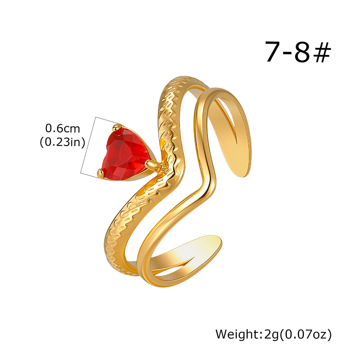 Stainless Steel V-Shaped Heart-Shaped Red Zirconium Open Ring