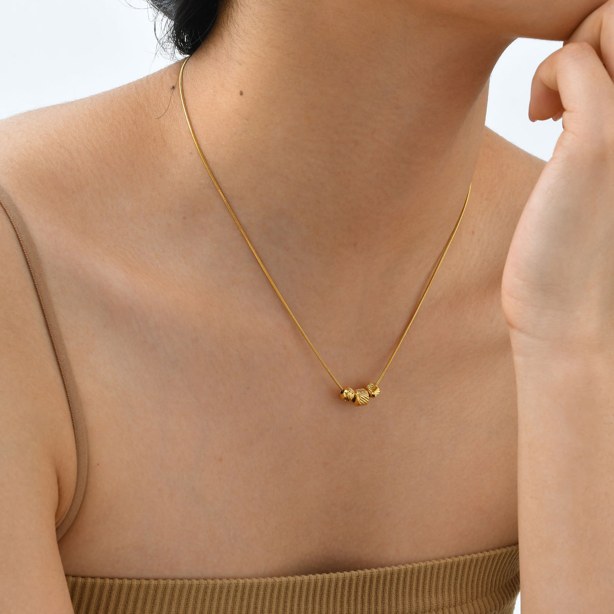 Stainless Steel 3 Bead Necklace Gold Ladies