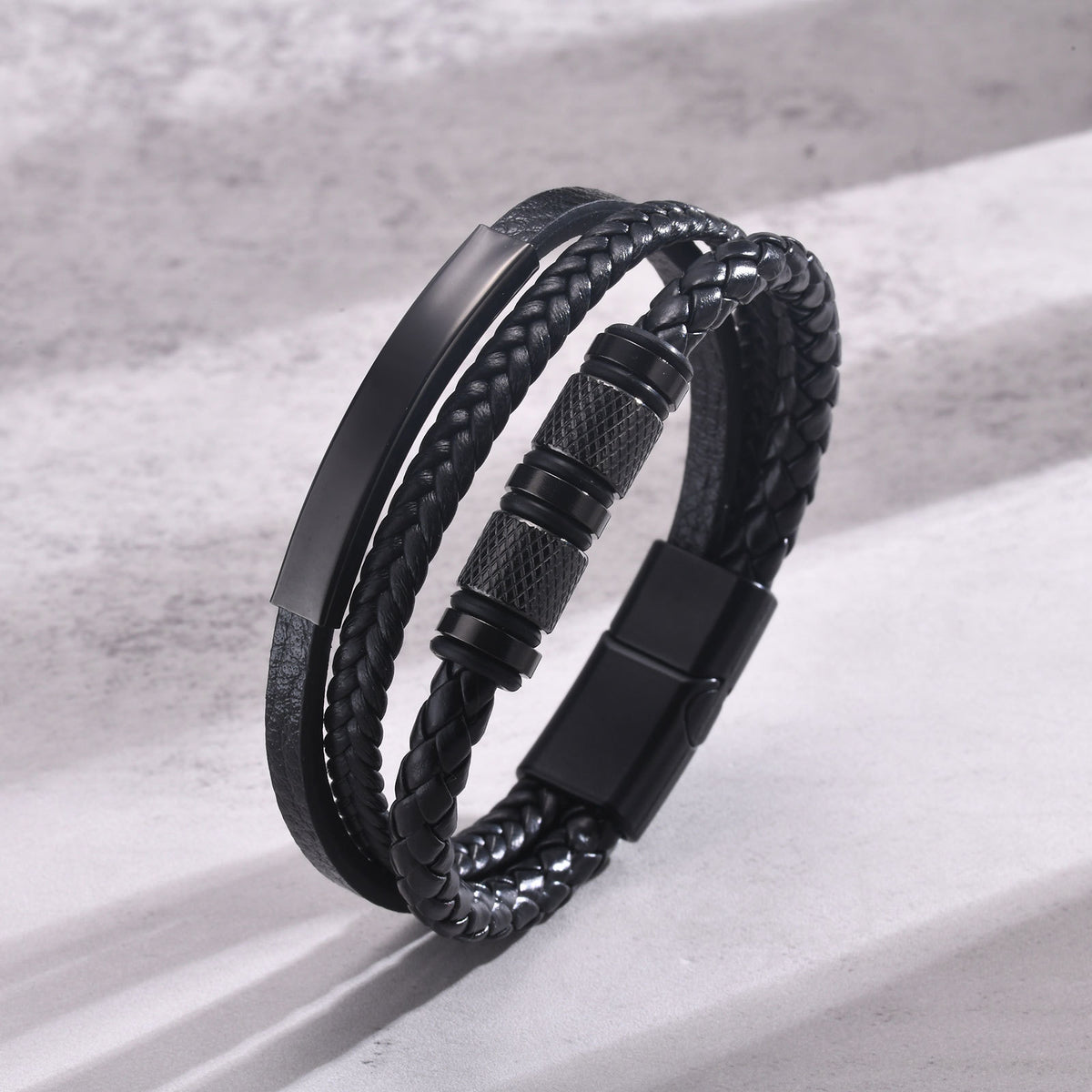 Stainless Steel Bent Through Black Pu Leather Triple Bracelet Men's