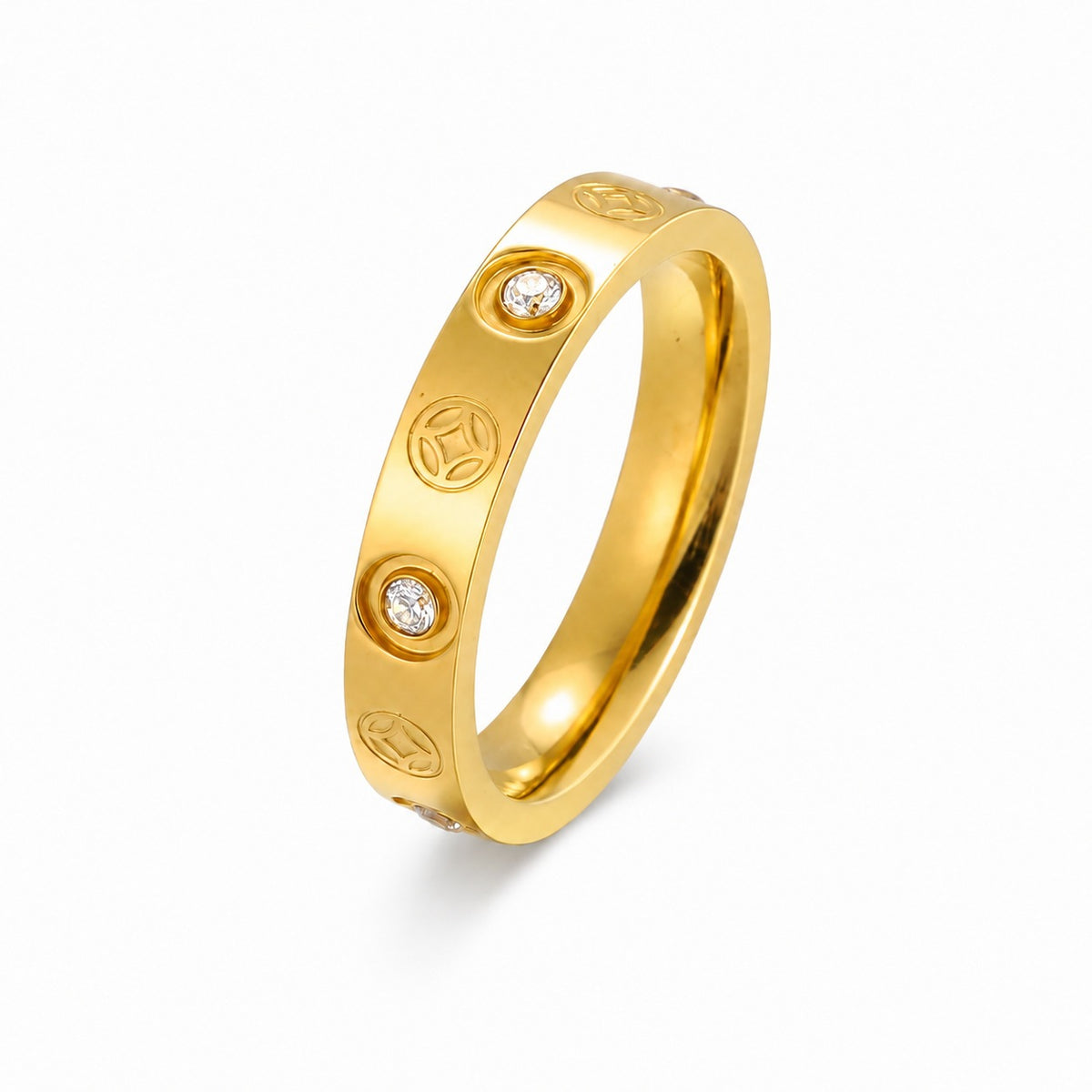 4mm Stainless Steel 6 Zircon Copper Coin Ring Gold – Women's