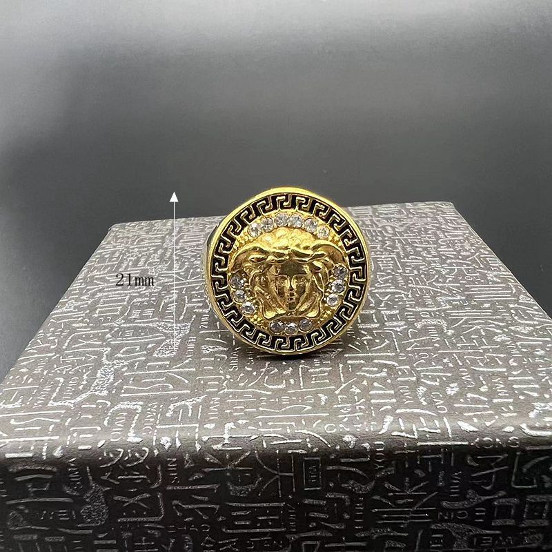 Planderful Everyday Genie Hip Hop Ring Titanium Steel Gold Plated Rhinestone Greek Mythology Head Mens