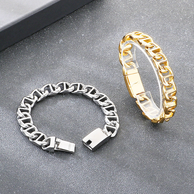Street Shooting Premium Button – Rock 13mm Glossy Pig Nose Chain Stainless Steel Men's Bracelet