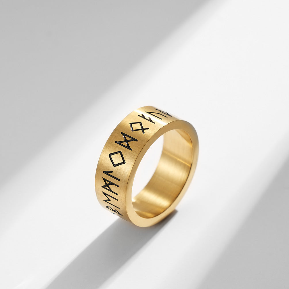 Planderful Nordic Viking Ring Bold for Men Matte Brushed Titanium Steel Jewelry with Pirate Text Design