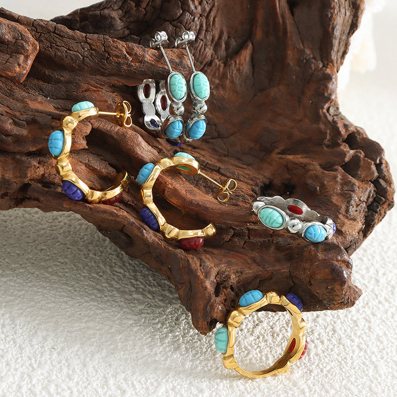 Retro Gold-Plated Titanium Steel Earrings and Ring Set for Women