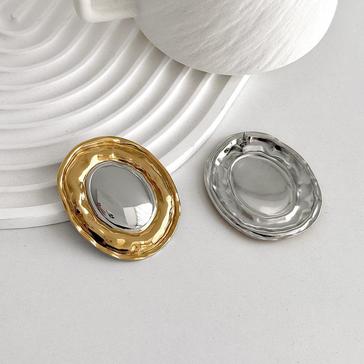Planderful Vienna Verve Stainless Steel Stud Earrings For Women Textured Oval Beaten Texture