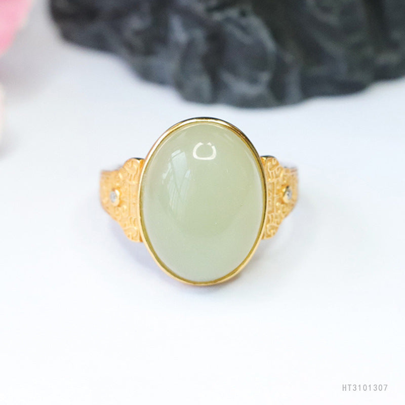 925 Sterling Silver Hetian Jade Greek-Key Ring