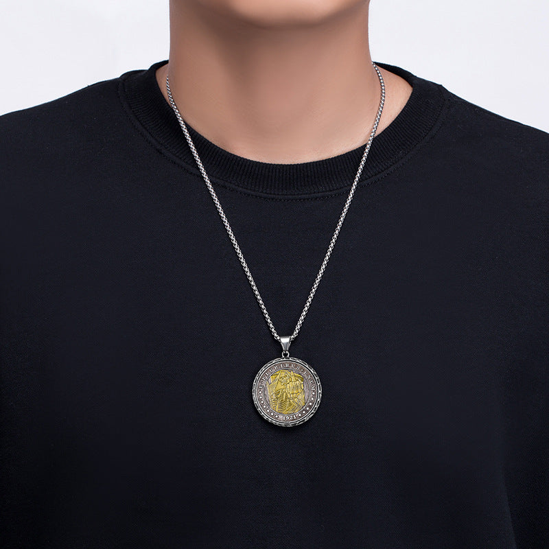 Stainless Steel Necklace - Statement Skull Disc Pendant With Mahjong Coin Charm Limited Edition