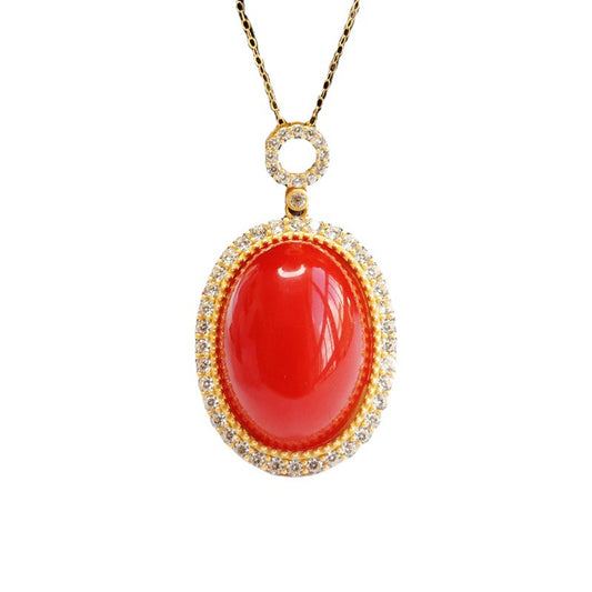 Pendant Jewelry with Natural Red Agate and Zircon Halo on Sterling Silver Necklace
