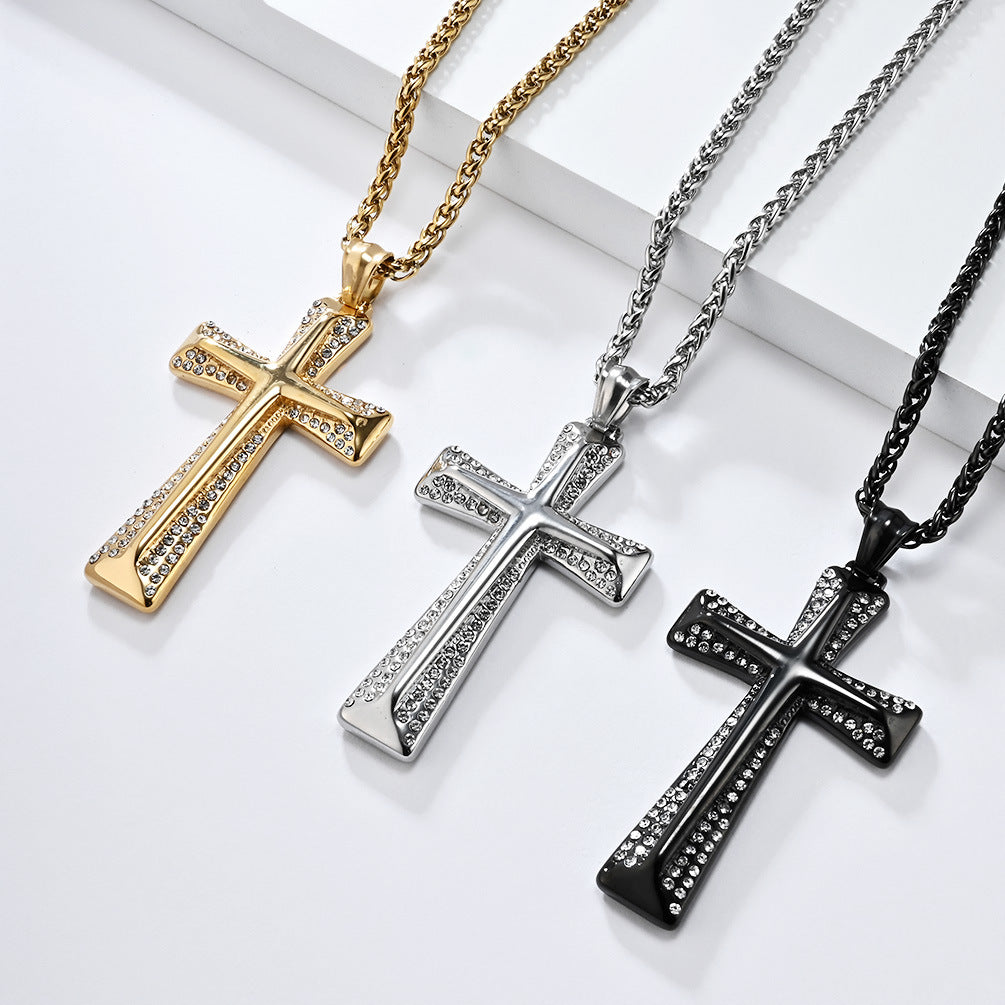 Planderful Premium Gold Plated Zircon Cross Necklace Titanium Steel Unisex Hip Hop Jewelry