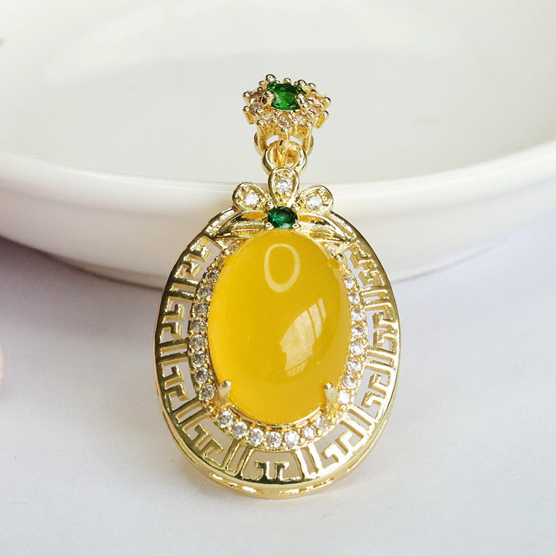 Oval Yellow Chalcedony Zircon Clover Pendant