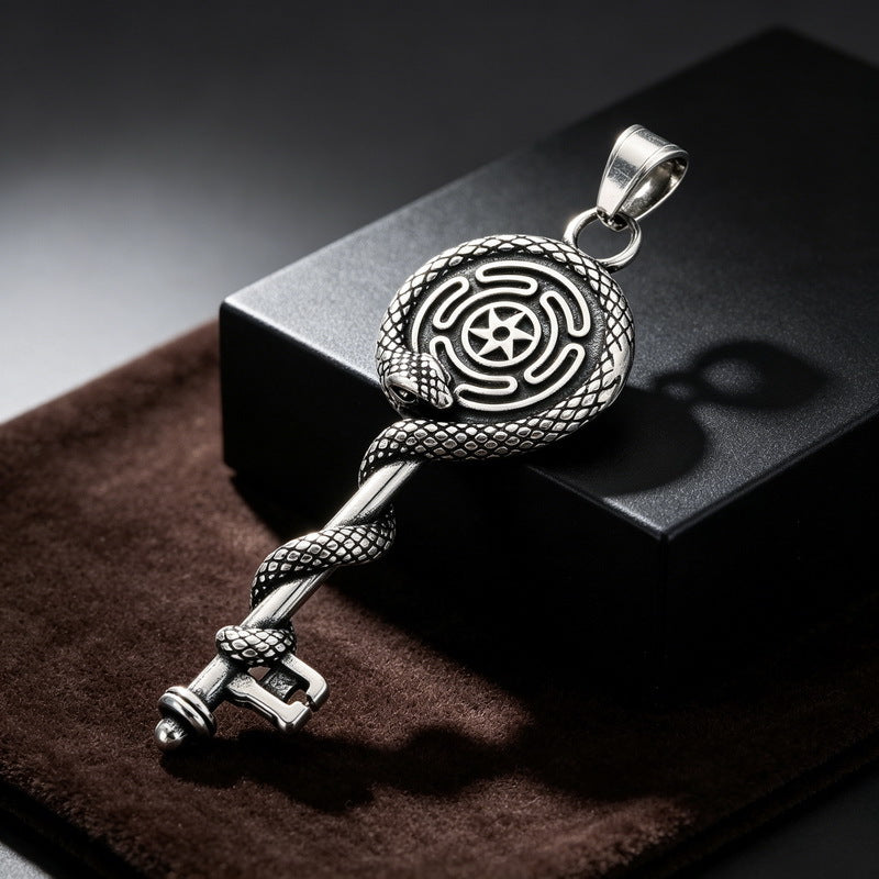 Gothic Snake Wrapped Rune Key Dark Vintage Labyrinth Cross Pattern Stainless Steel Necklace