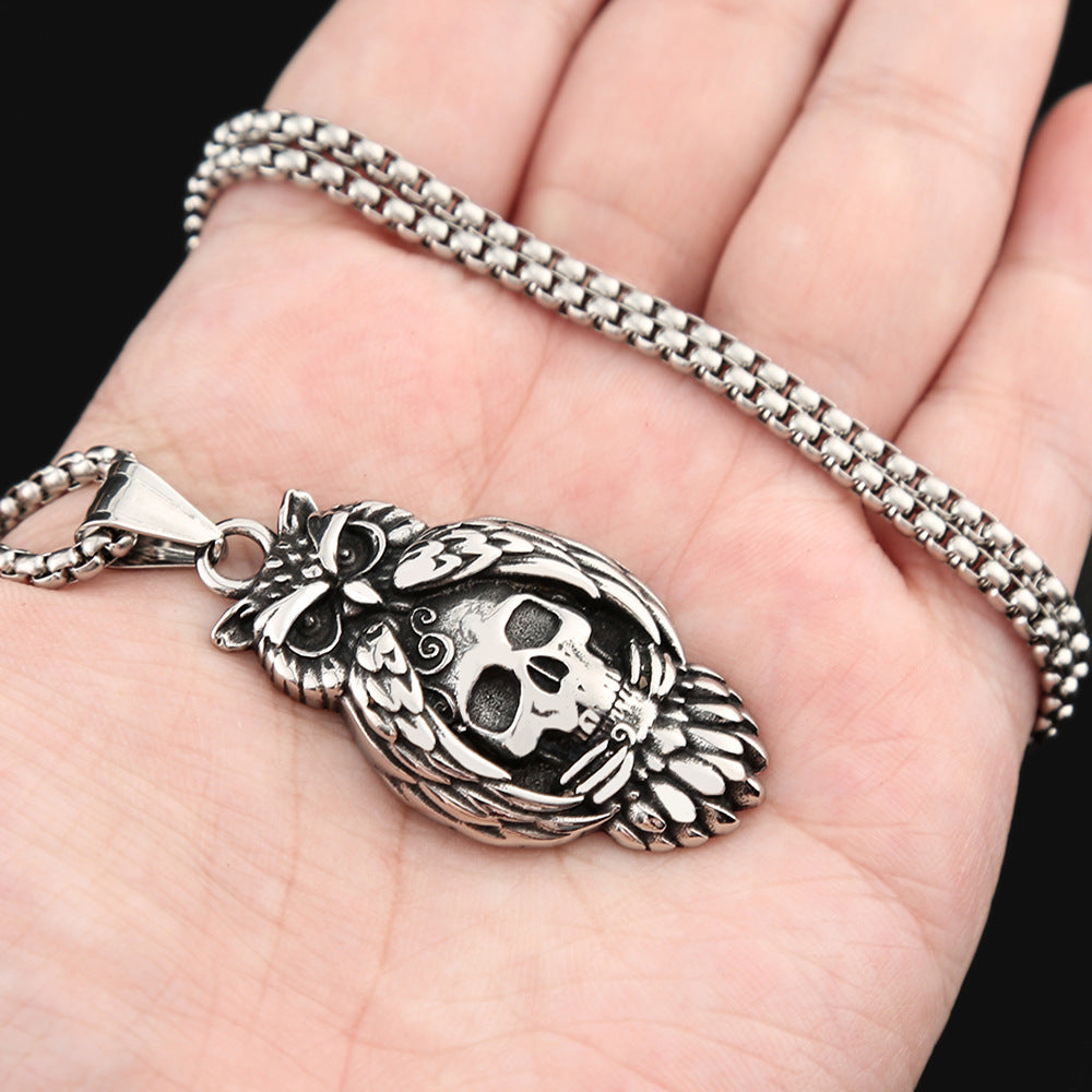 New Stainless Steel Owl Pendant Retro Skull Necklace for Men