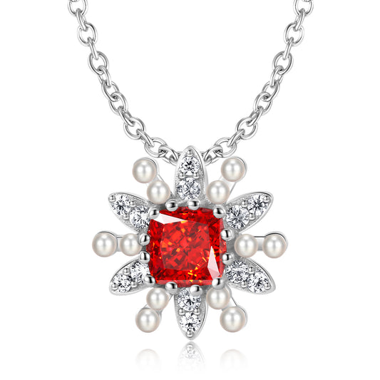 Sparkling Star Pendant Red Square Zircon and Pearl Silver Necklace