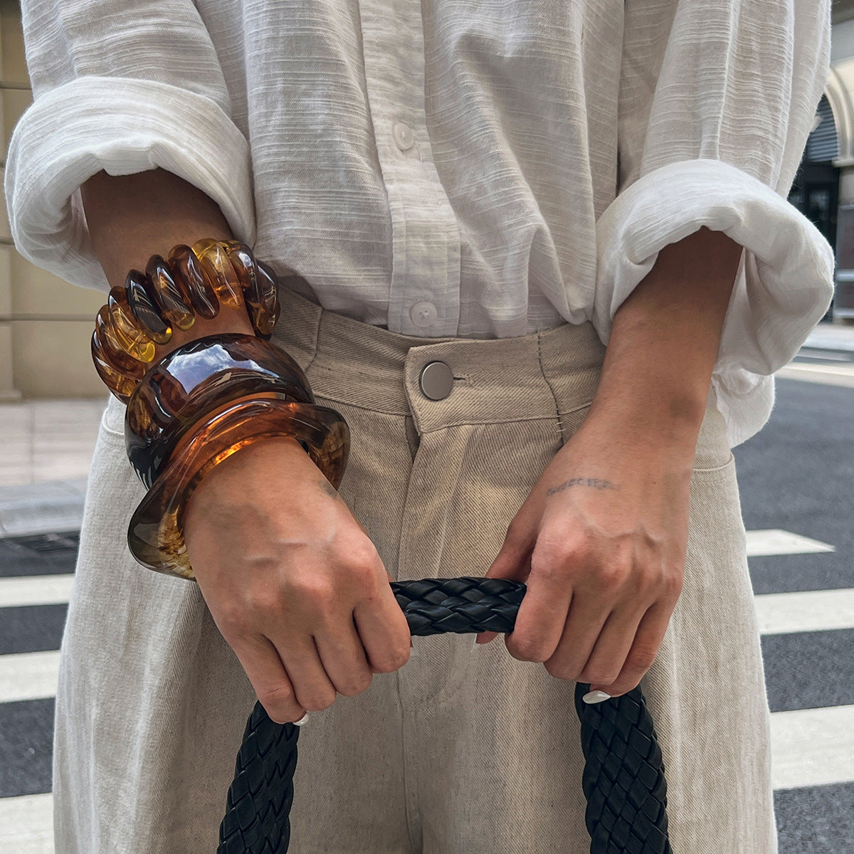 Wide Version Smudged Stone Pattern Semi-Transparent Bracelet Exaggerated Retro Special-Shaped Amber Tire