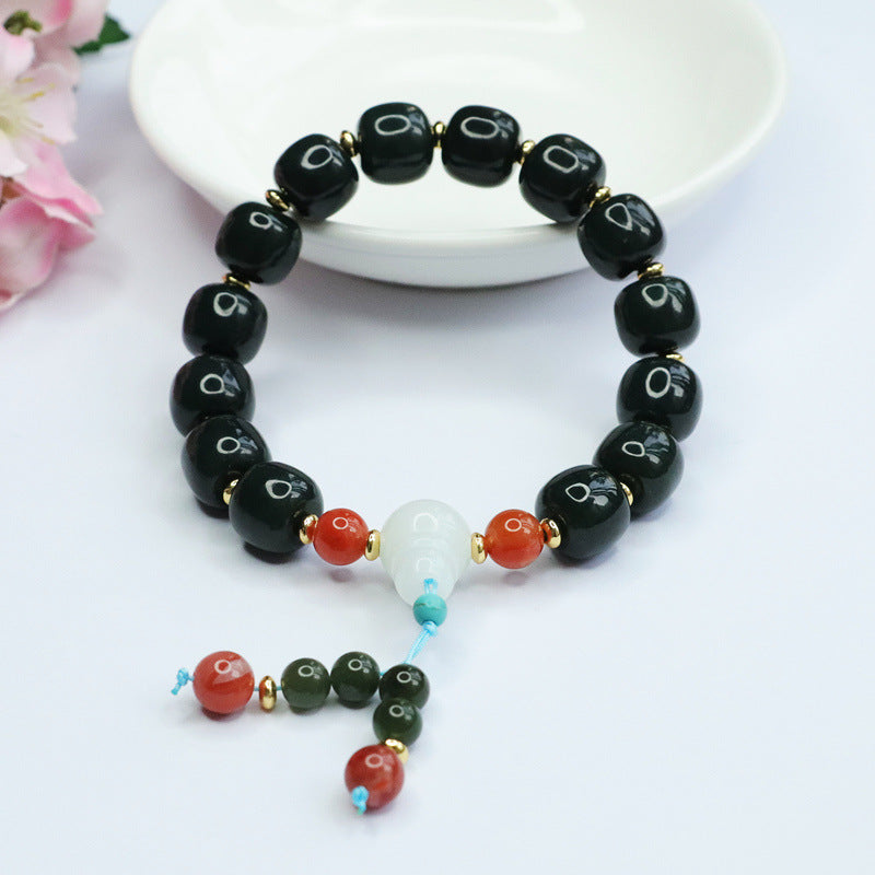 Dark Taqing Hetian Jade & White Agate Bracelet
