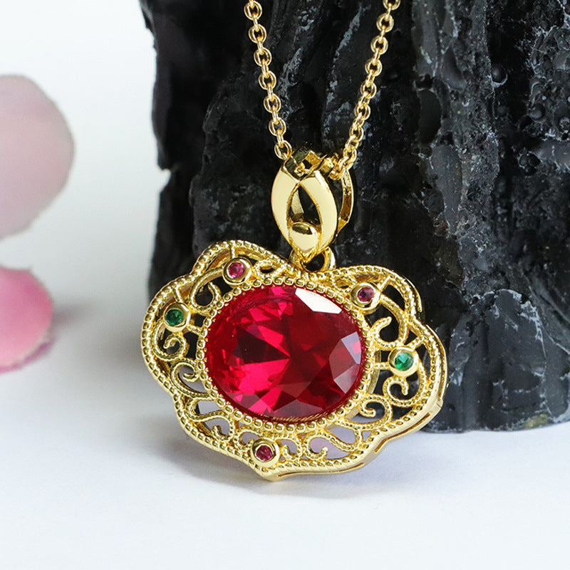 Lab-Grown Ruby Faceted Ruyi Pendant — No Chain