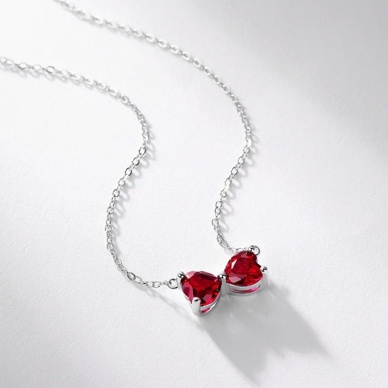 S925 Sterling Silver Lab-Grown Ruby Bow Pendant Necklace