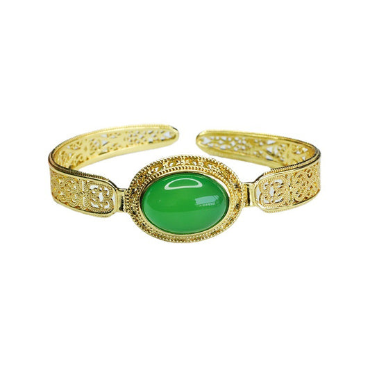 Green Chalcedony Sterling Silver Bracelet with Golden Clasp