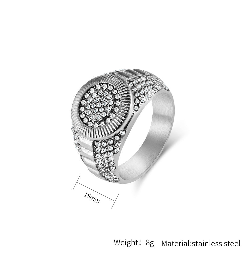 Planderful Titanium Steel Gold Plated Zircon Hip Hop Ring For Men Size 8 Through 12 Street Style Jewelry