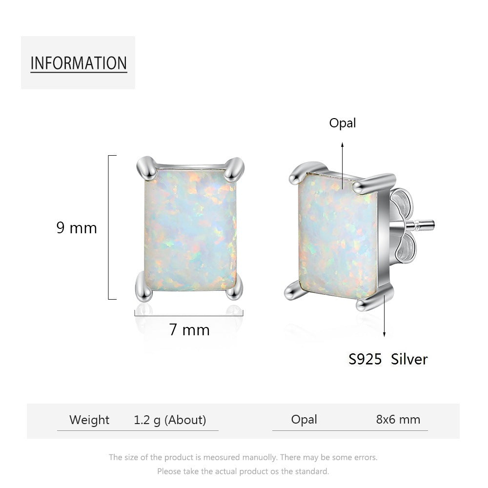 Planderful Jewelry Opal Stud Earrings With Four Prong Rectangle Setting In Sterling Silver
