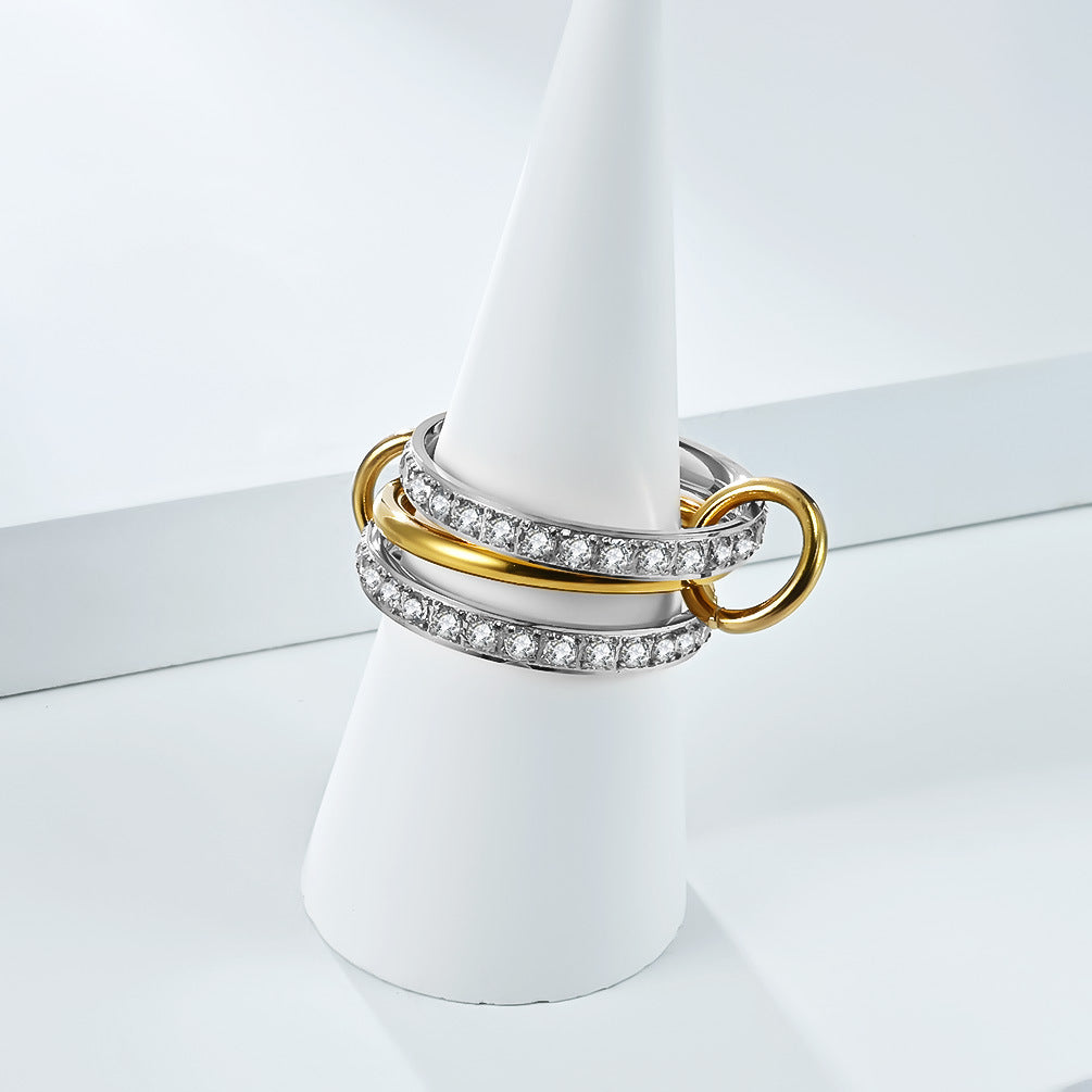 Planderful Everyday Genie Three Ring Stacking Ring Titanium Steel Plated 18K Gold Zircon Unisex Light Luxury