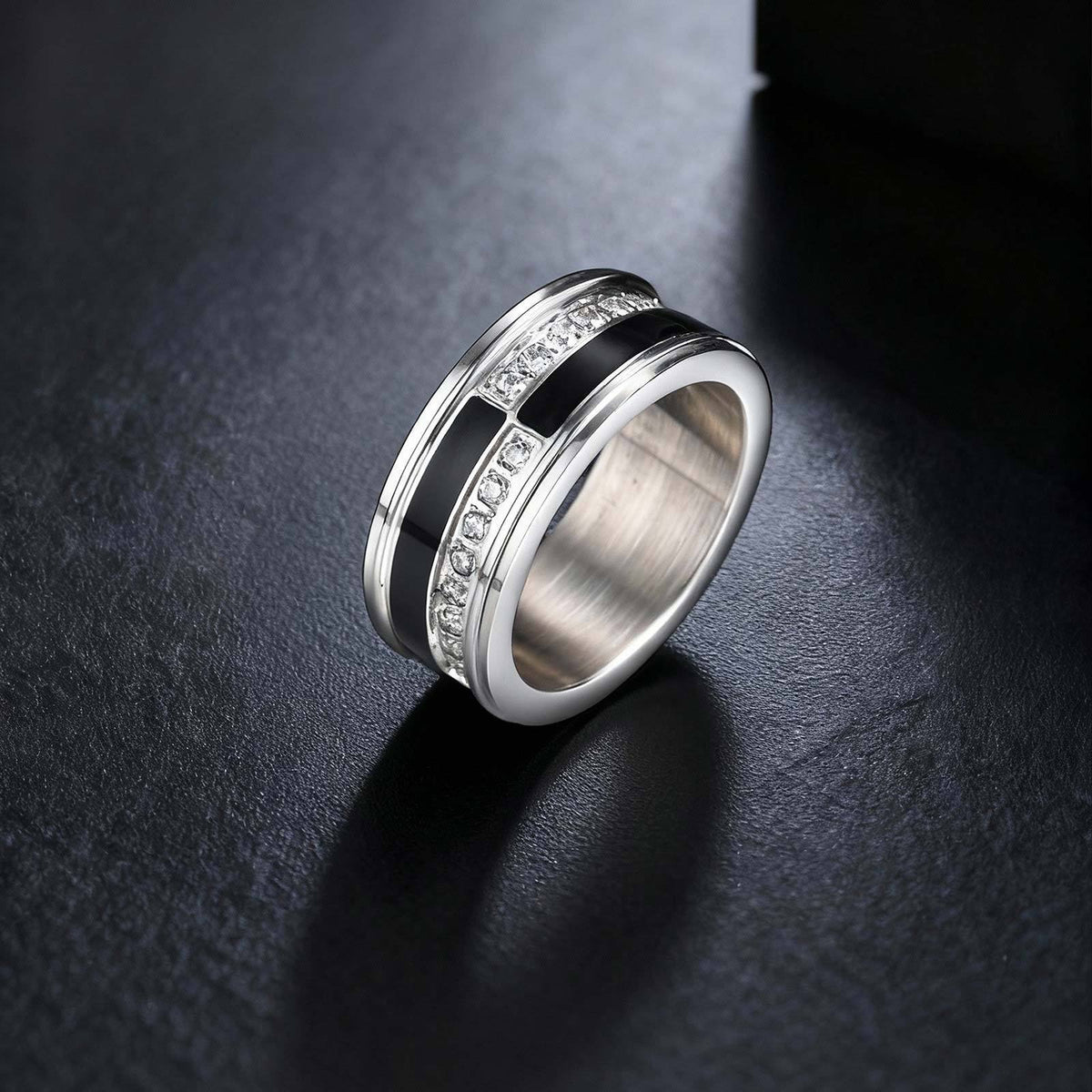 Stainless Steel Men's Cold Wind Single Ring Men's Black & White Zircon