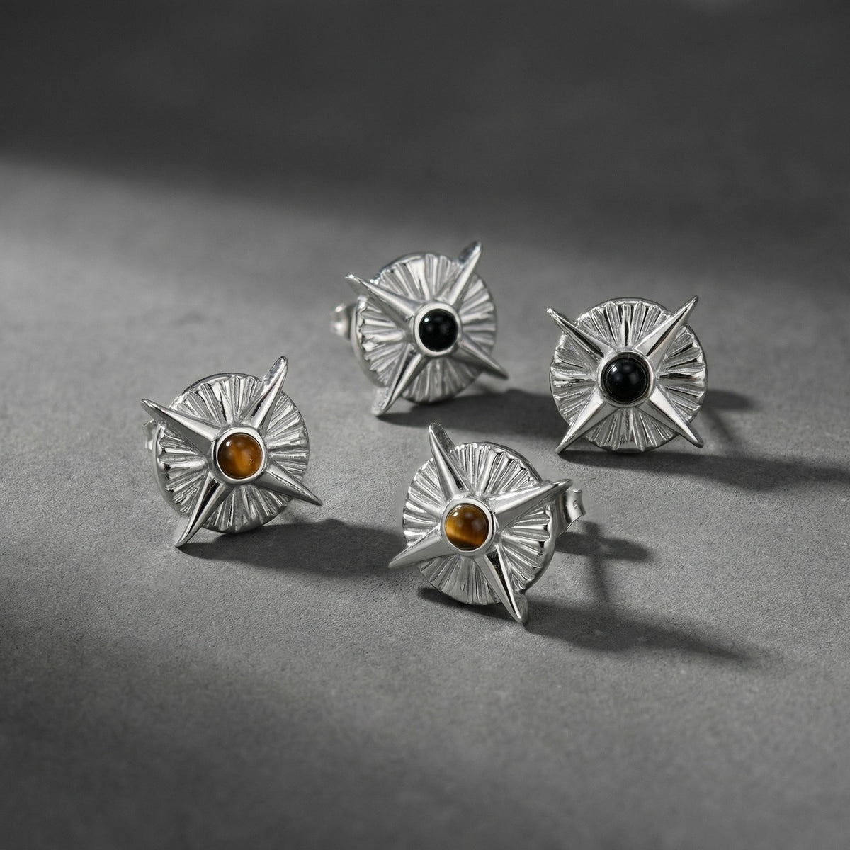 Silver-Tone Compass Stone Stud Earring — Single